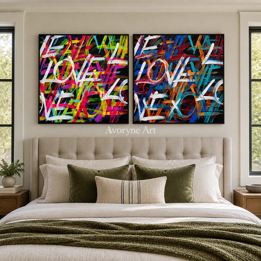 Hidden Prelude colorful love diptych with a black frame above a bed in a bedroom