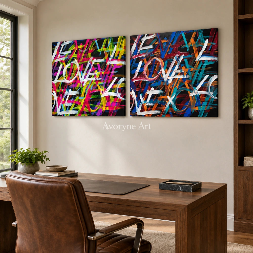 Hidden Prelude colorful love diptych as a frameless stretched canvas in a home office