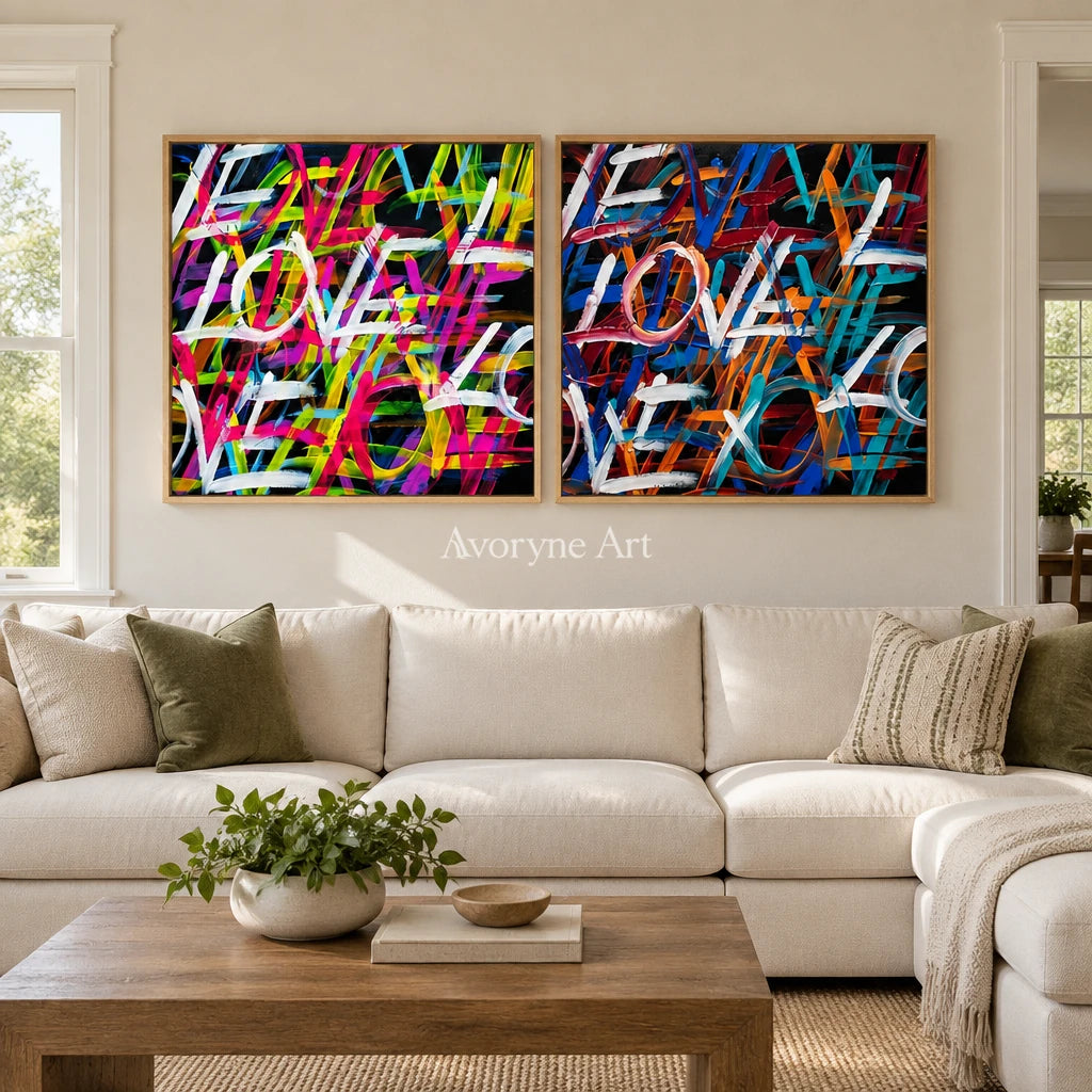 Hidden Prelude colorful love diptych with a wood frame in a villa living space