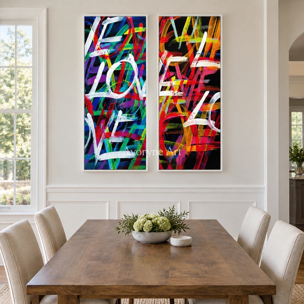 Hidden Trace colorful love diptych with a white frame in a dining room