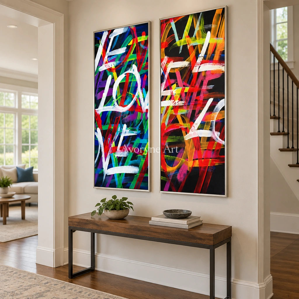 Hidden Trace colorful love diptych with a silver frame in an entryway