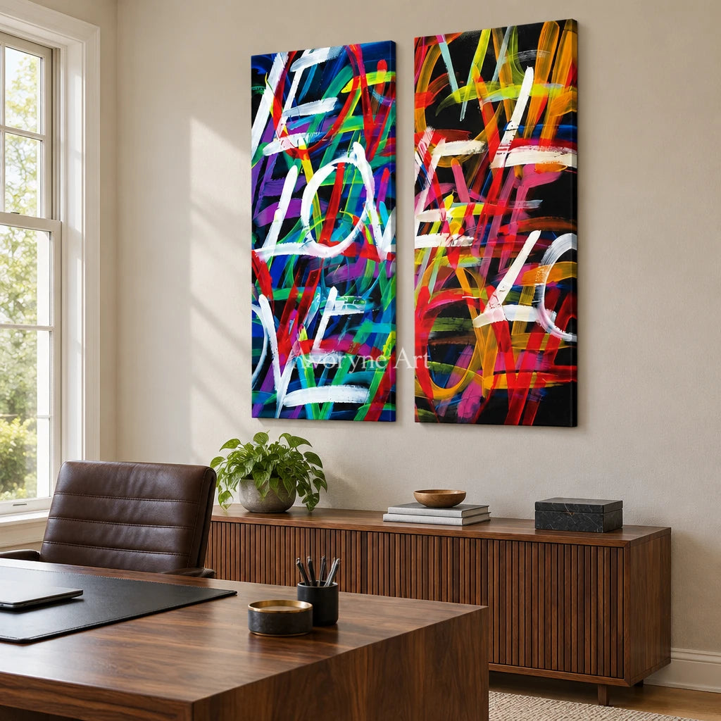 Hidden Trace colorful love diptych as a frameless stretched canvas in a home office