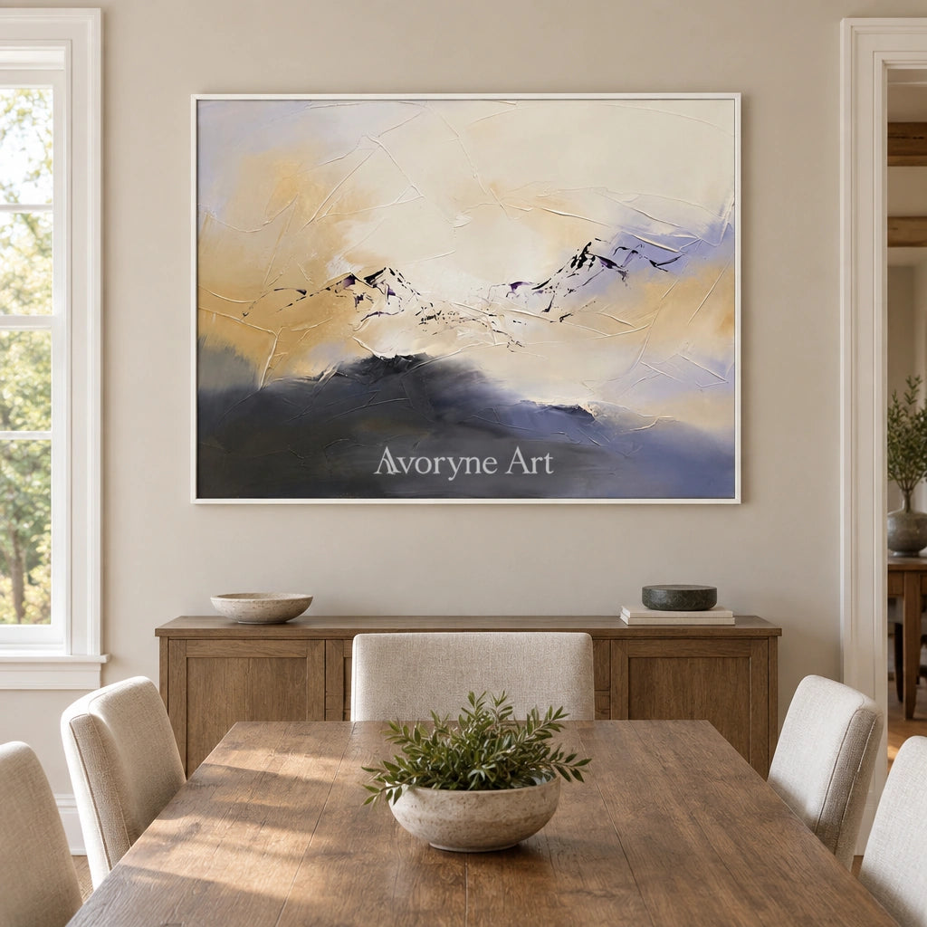 Pale Verse colorful mountain wall art with a white frame in a dining room