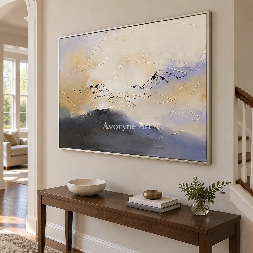 Pale Verse colorful mountain wall art with a silver frame in an entryway
