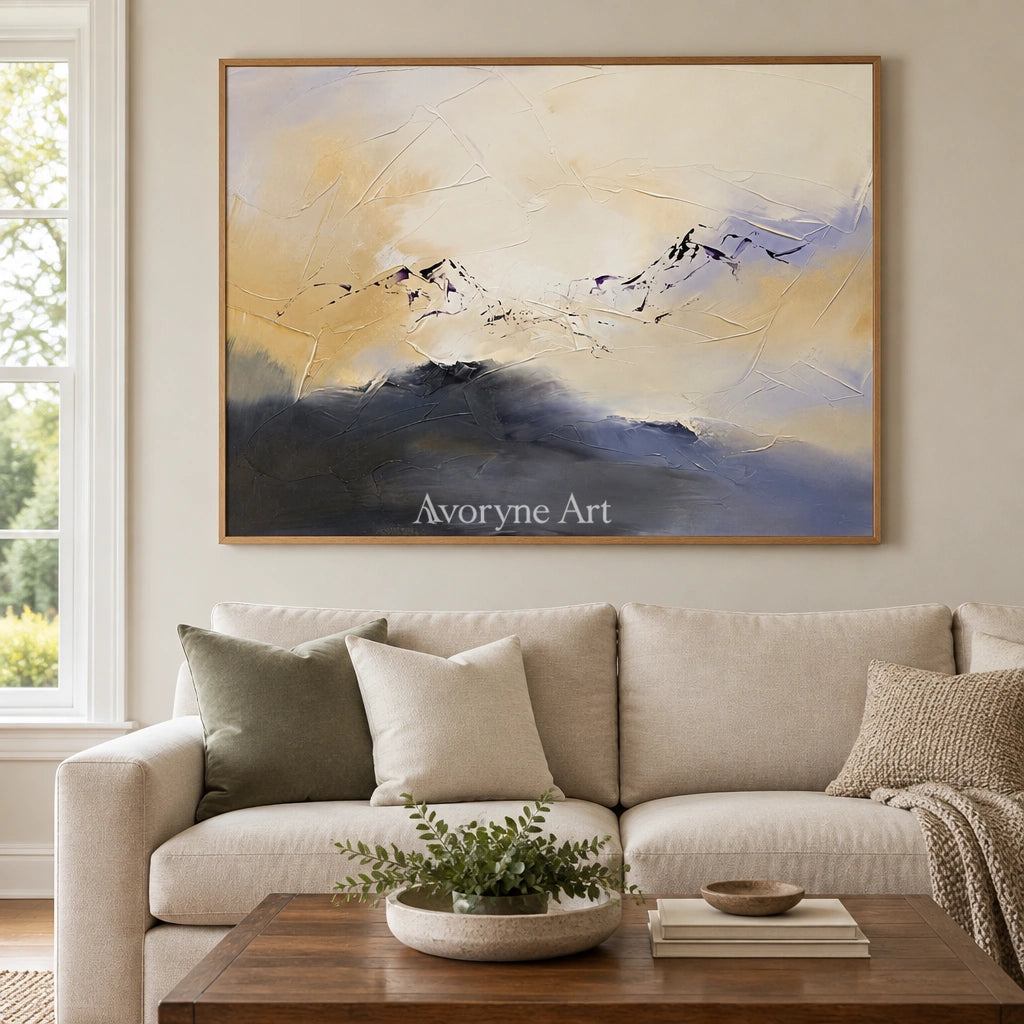 Pale Verse colorful mountain wall art with a wood frame in a villa living space