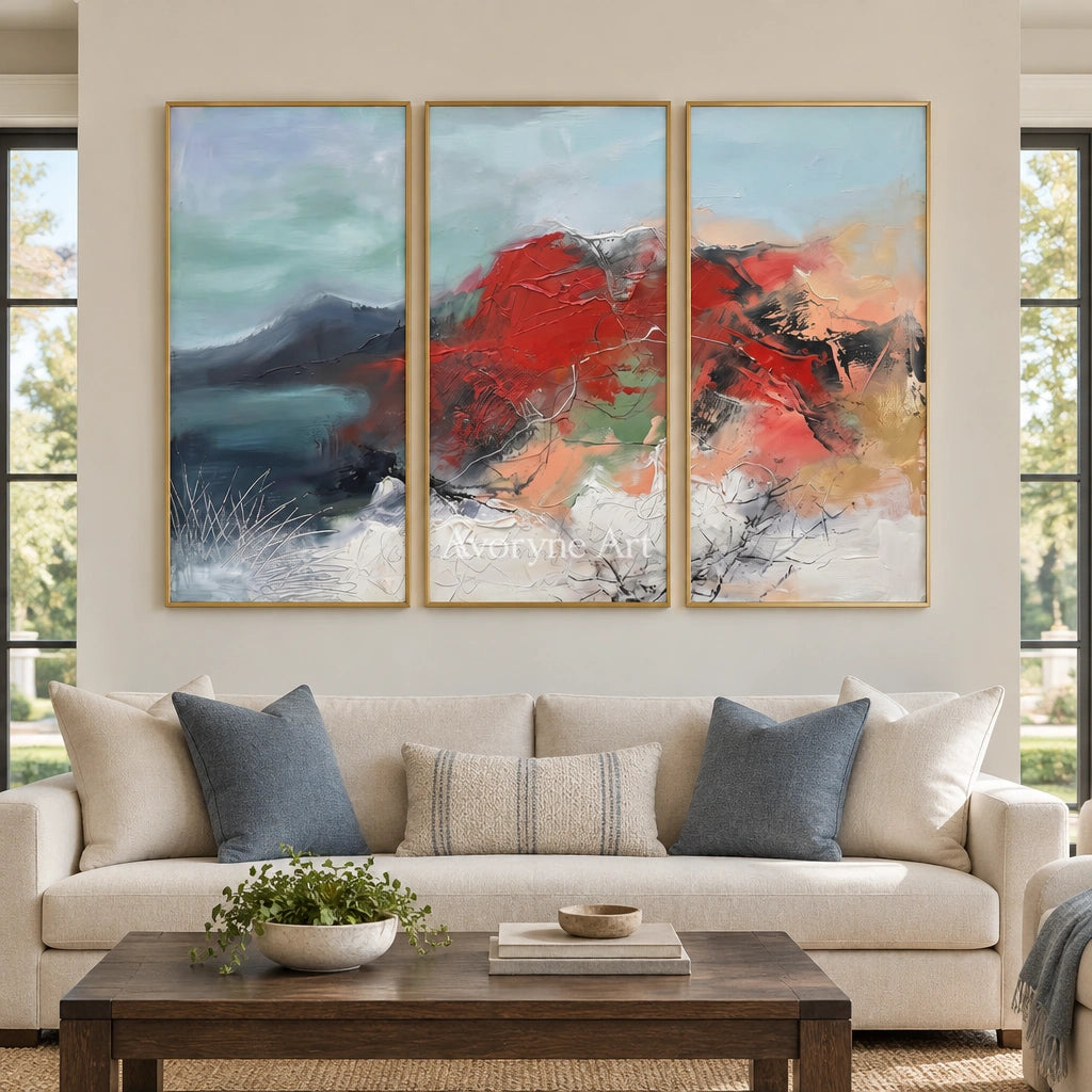 Blue Solace colorful mountain triptych with a gold frame hanging in a living room