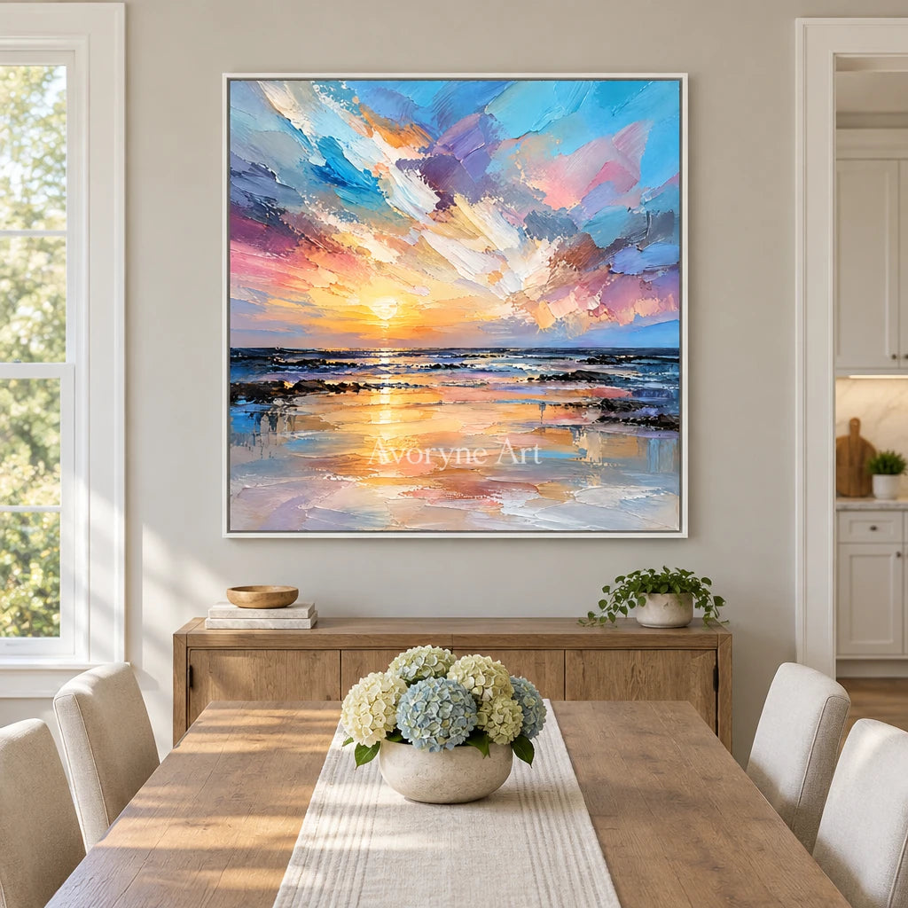 Violet Sundown: Colorful Ocean Sunset Wall Art — dining white