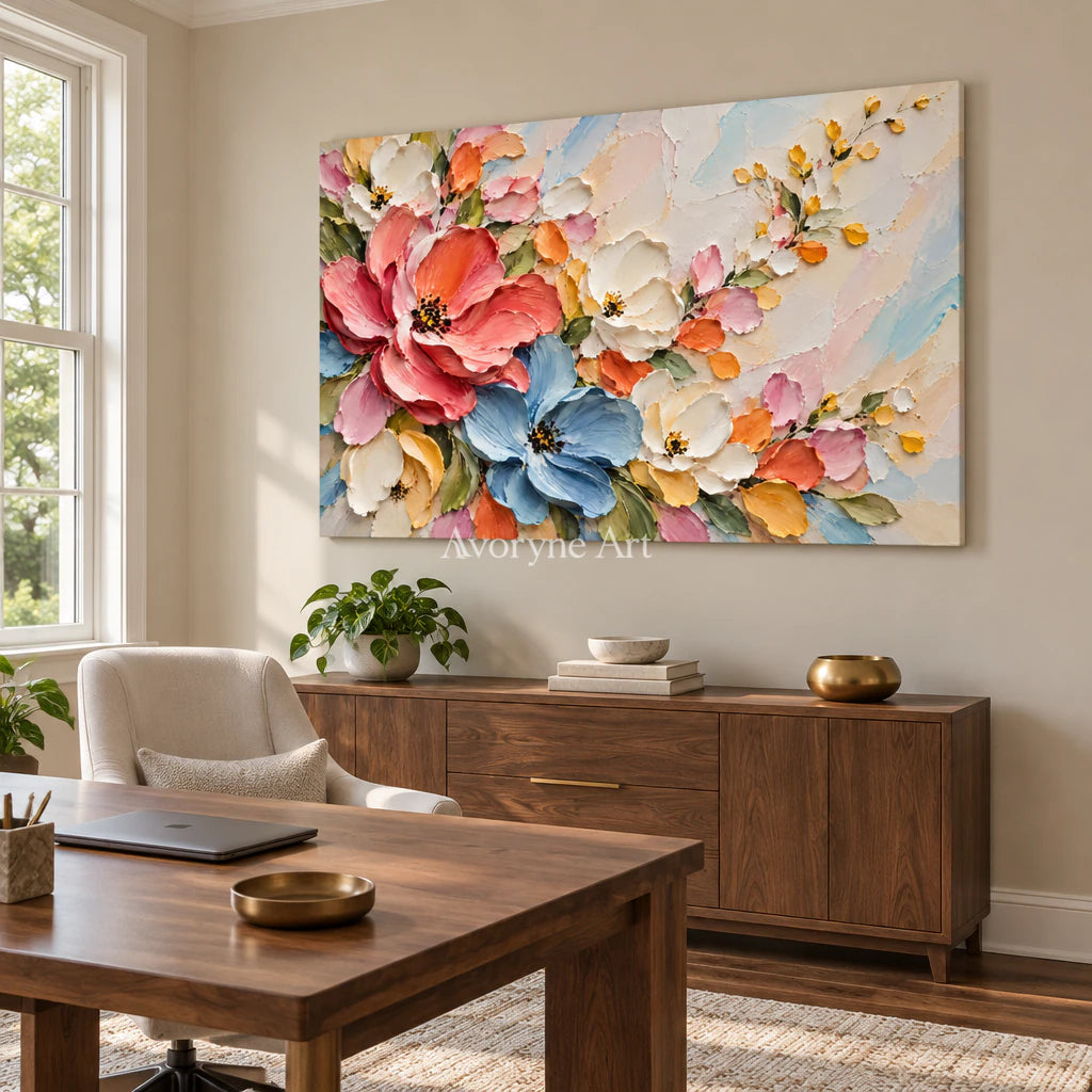 Blooming Arc: Colorful Pink Floral Relief Wall Art — office frameless