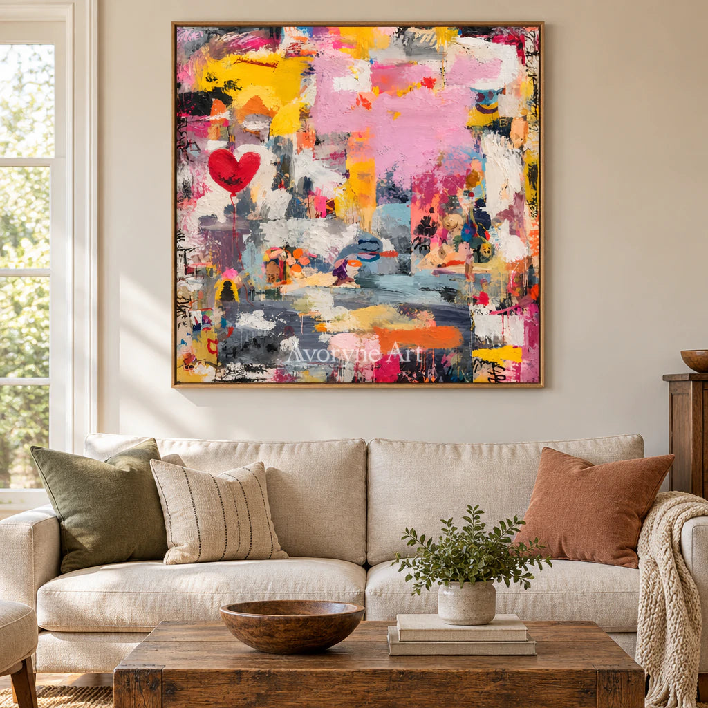 Rose Collage: Colorful Pink Heart Abstract Wall Art — villa wood