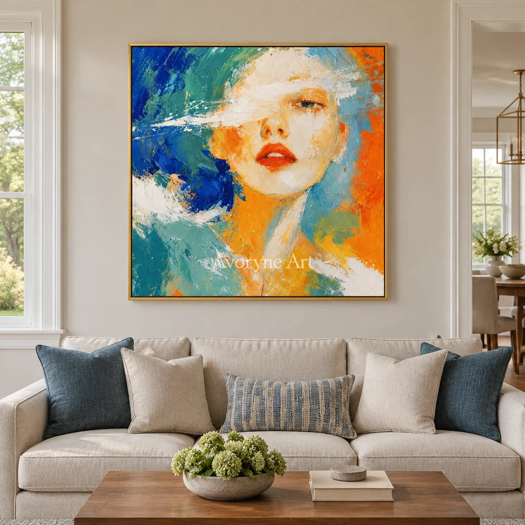 Silver Story colorful portrait wall art with a gold frame hanging in a living room