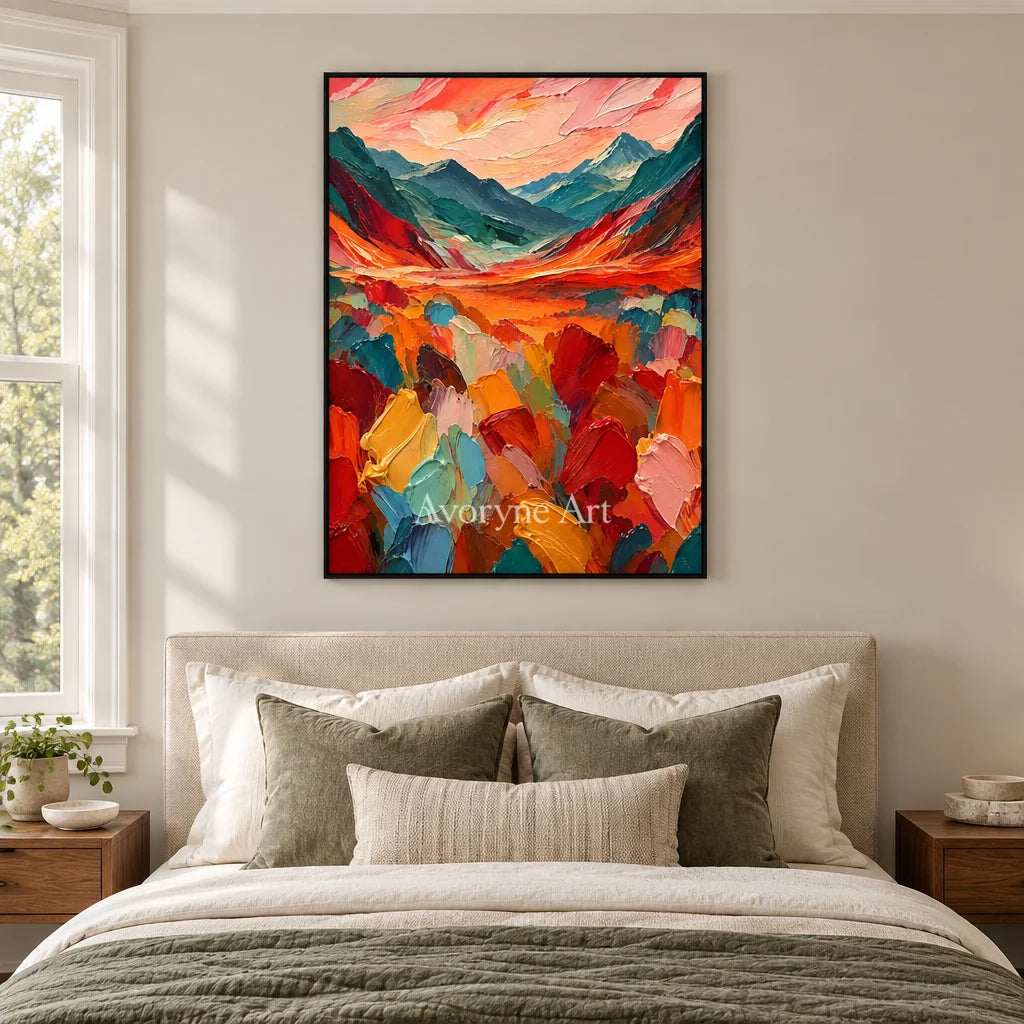 Ember Valley: Colorful Valley Landscape Wall Art — bedroom black