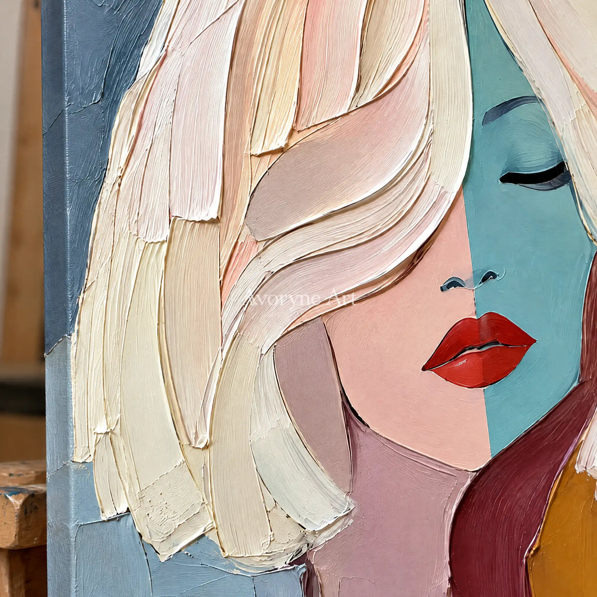 Reverie Muse: Colorful Woman Portrait Wall Art — detail easel