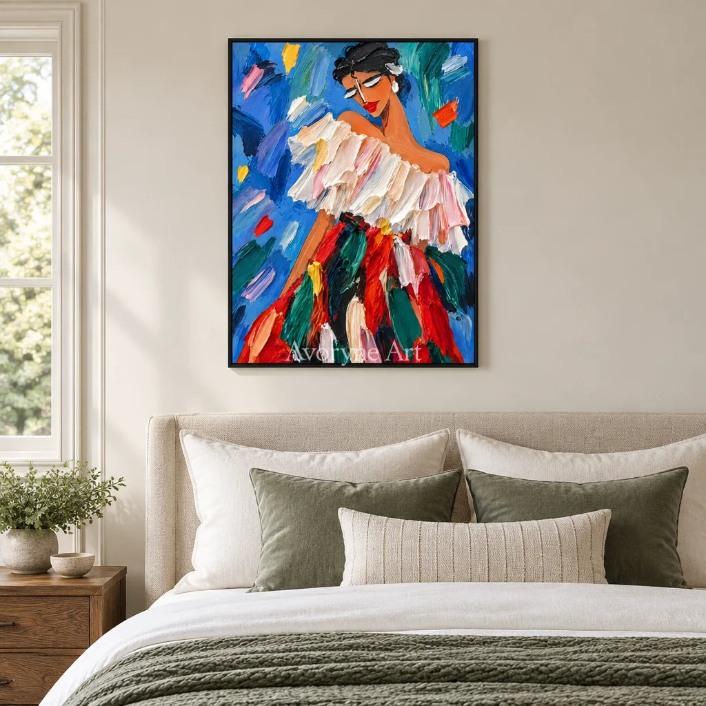Ruffled Reverie: Colorful Woman Portrait Wall Art — bedroom black