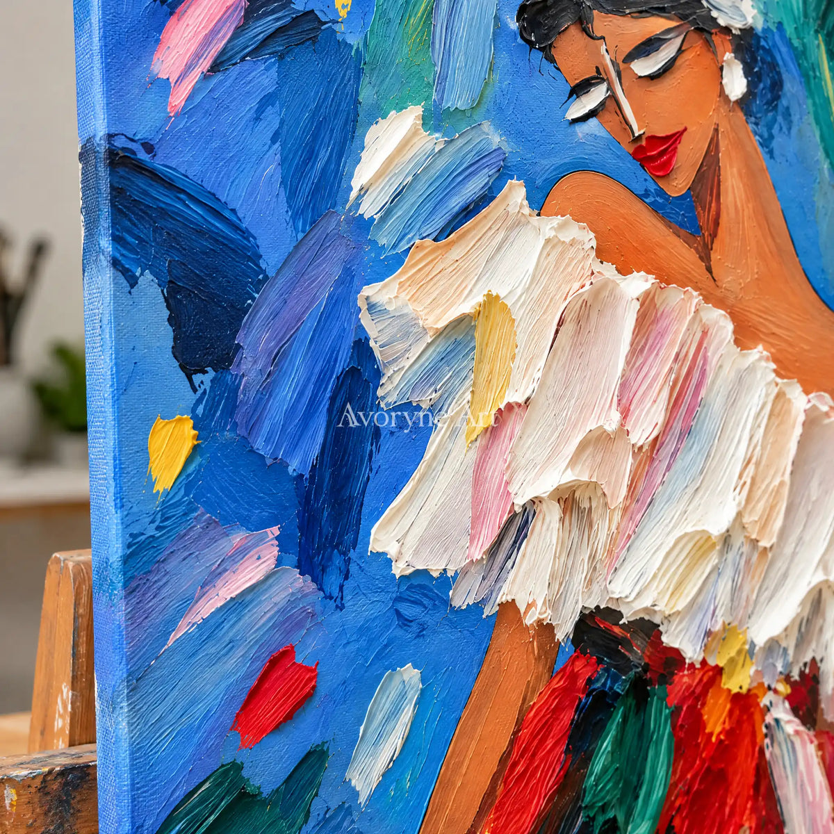 Ruffled Reverie: Colorful Woman Portrait Wall Art — detail easel