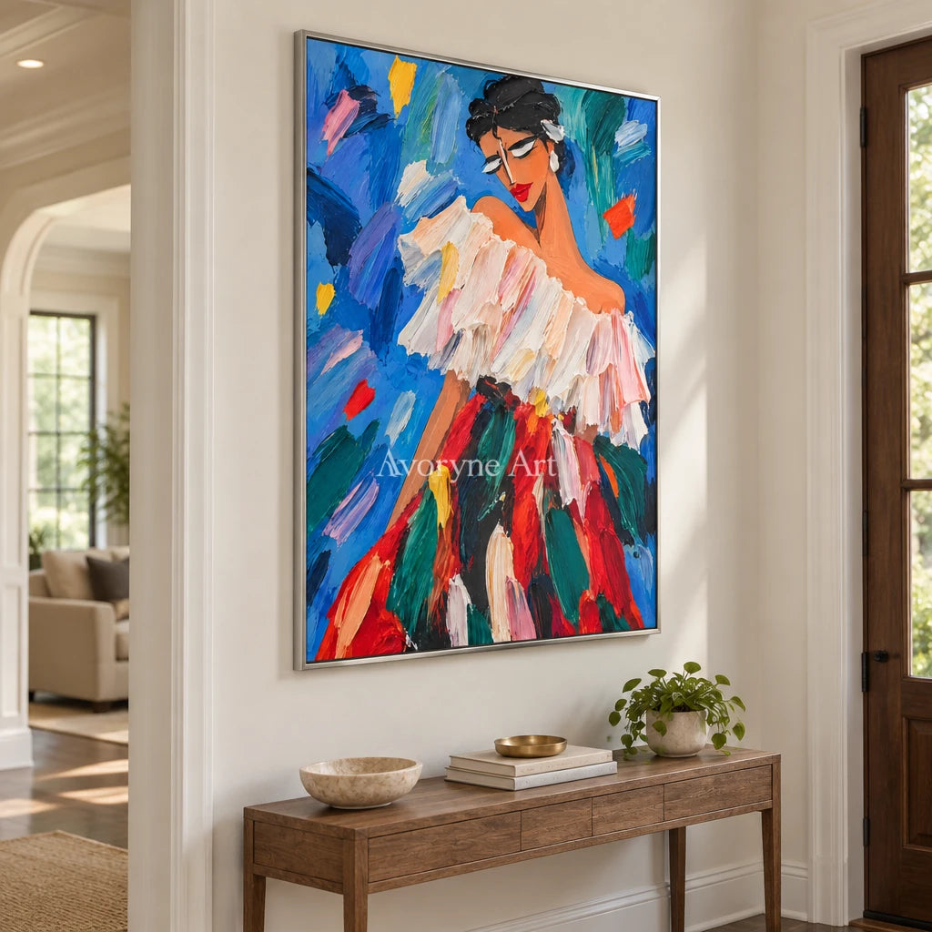 Ruffled Reverie: Colorful Woman Portrait Wall Art — entry silver