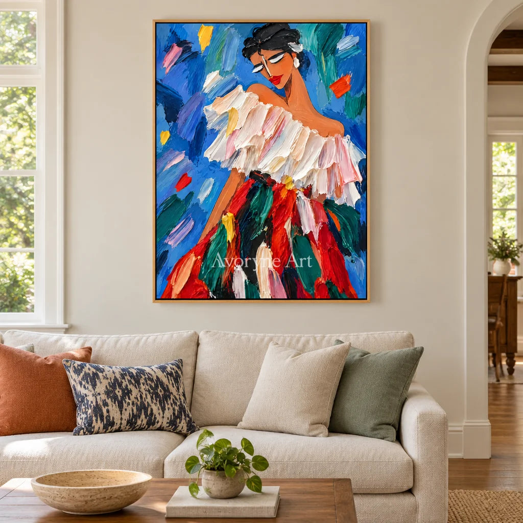 Ruffled Reverie: Colorful Woman Portrait Wall Art — villa wood