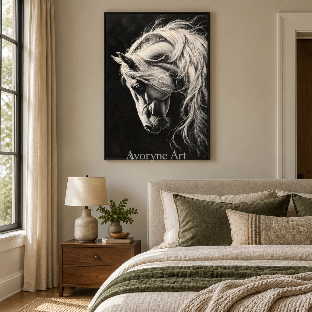 Moonlit Mane: Contemporary White Horse Wall Art — bedroom black