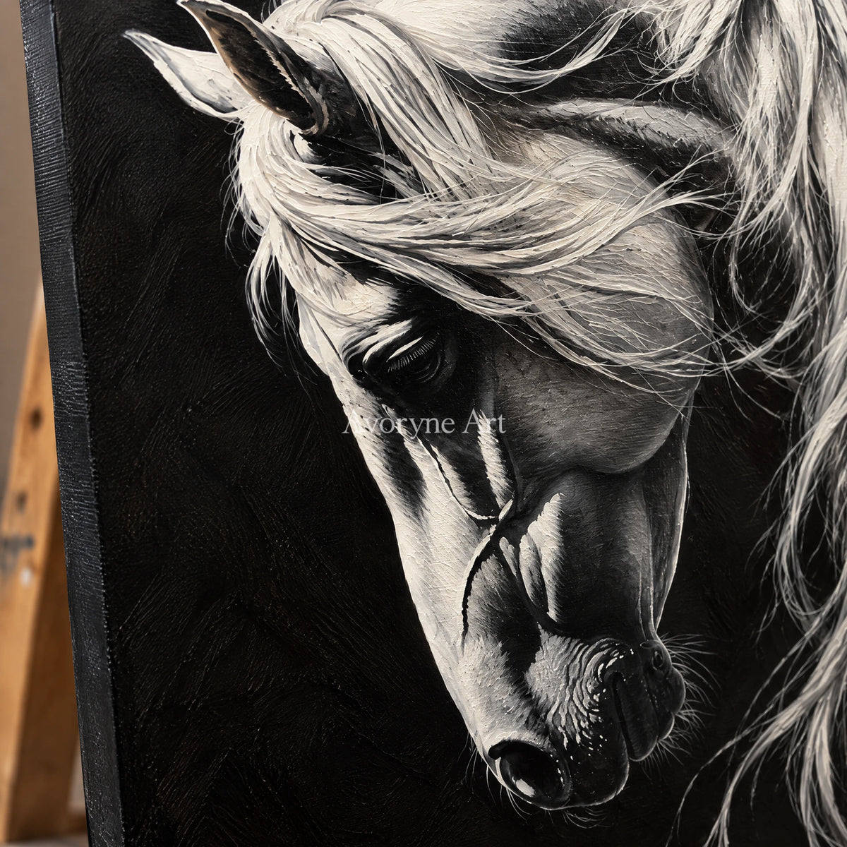 Moonlit Mane: Contemporary White Horse Wall Art — detail easel
