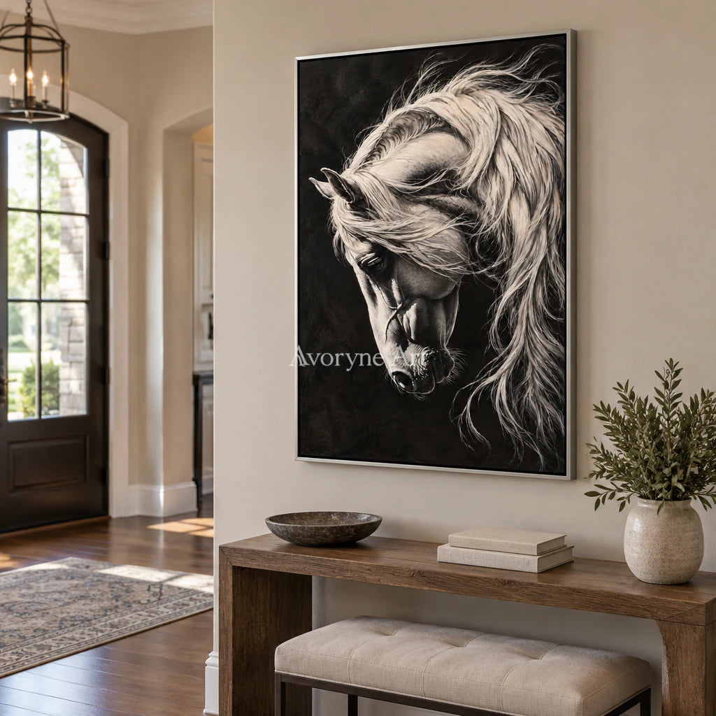 Moonlit Mane: Contemporary White Horse Wall Art — entry silver