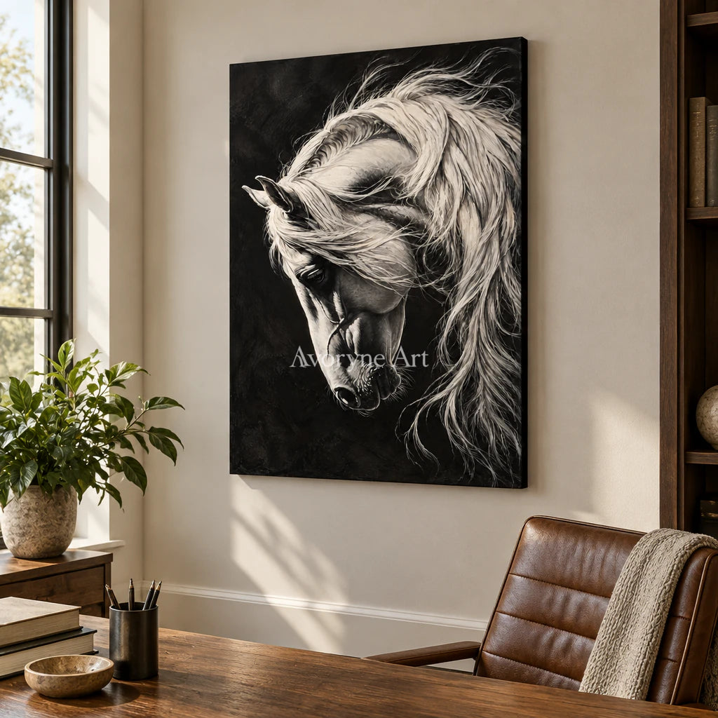 Moonlit Mane: Contemporary White Horse Wall Art — office frameless