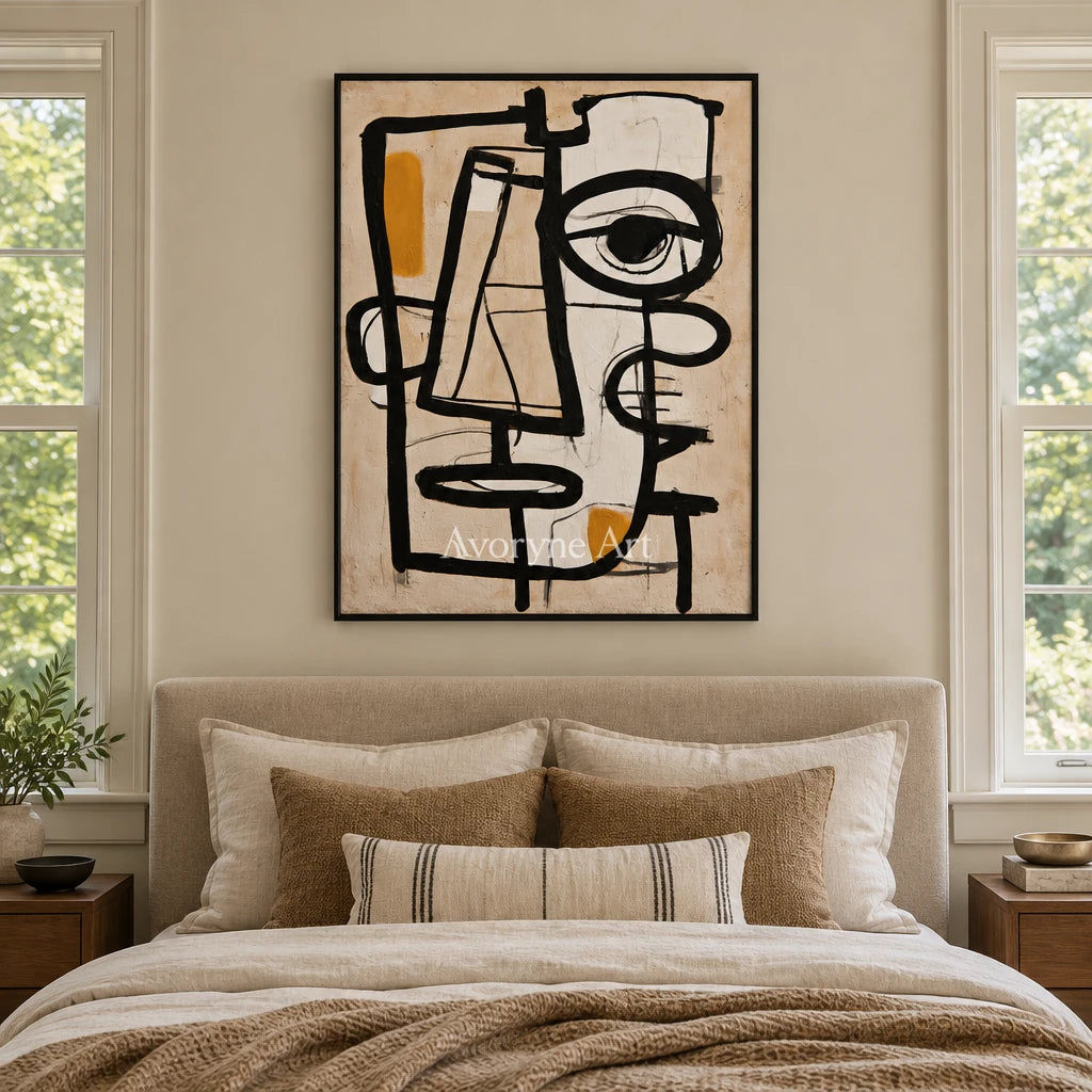 Ivory Winding Passage: Cubist Face Art — bedroom black