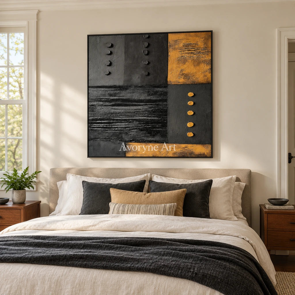 Quiet Haven dark mineral relief wall art with a black frame above a bed in a bedroom