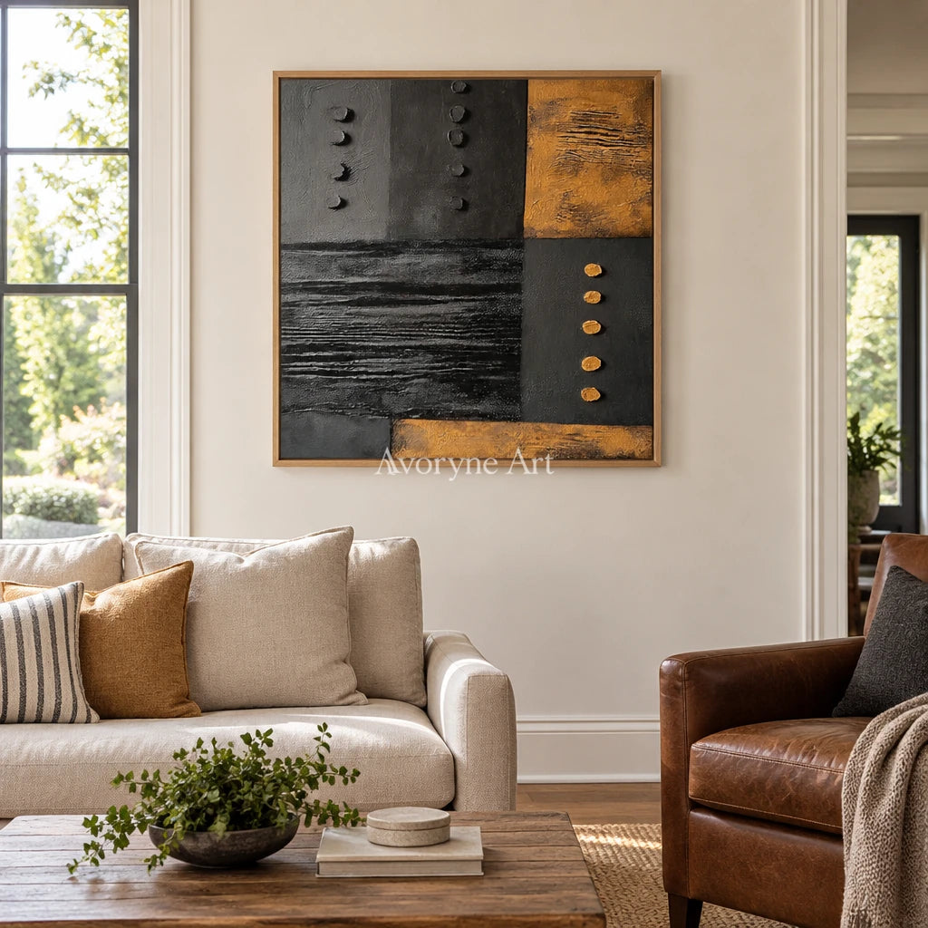 Quiet Haven dark mineral relief wall art with a wood frame in a villa living space