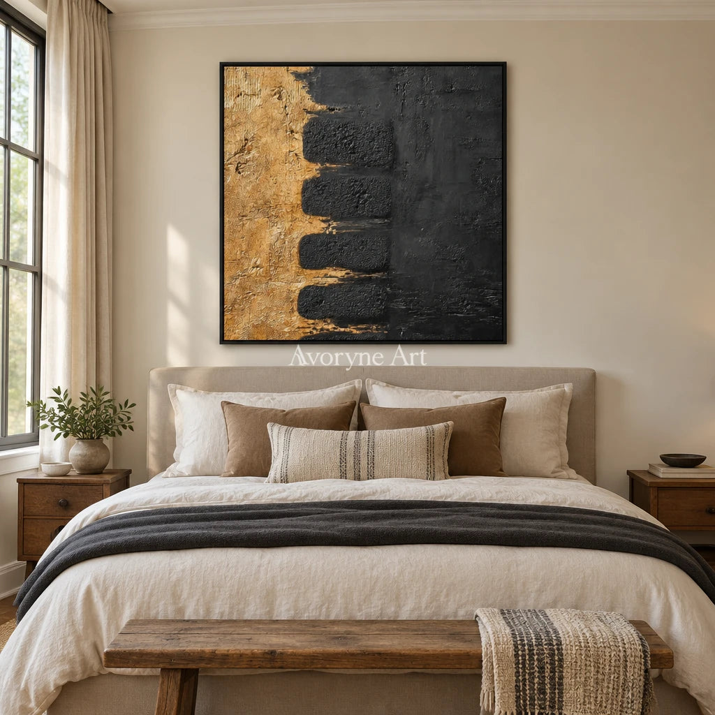 Quiet Measure dark mineral relief wall art with a black frame above a bed in a bedroom