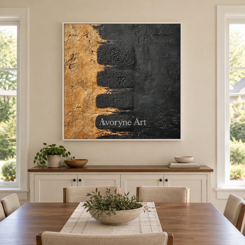 Quiet Measure dark mineral relief wall art with a white frame in a dining room