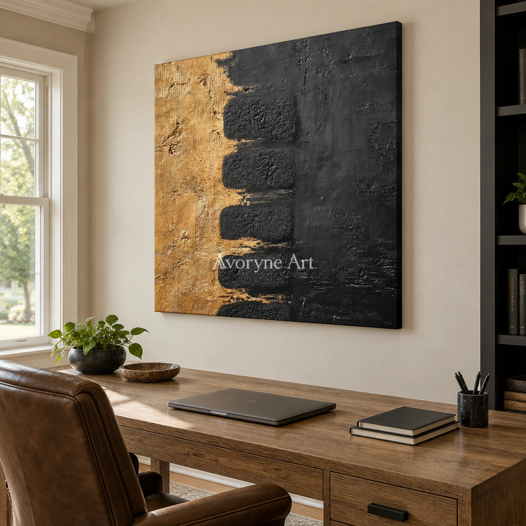 Quiet Measure dark mineral relief wall art as a frameless stretched canvas in a home office