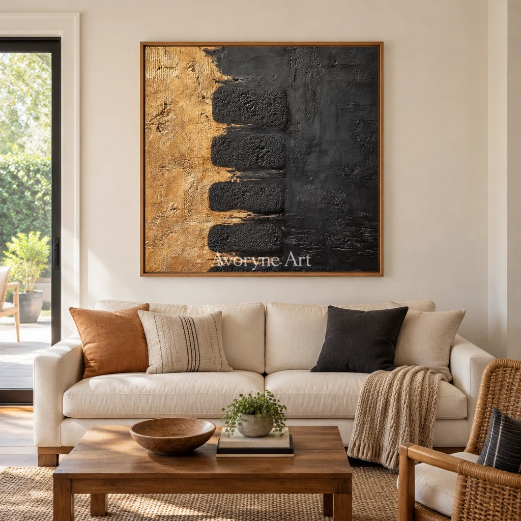 Quiet Measure dark mineral relief wall art with a wood frame in a villa living space