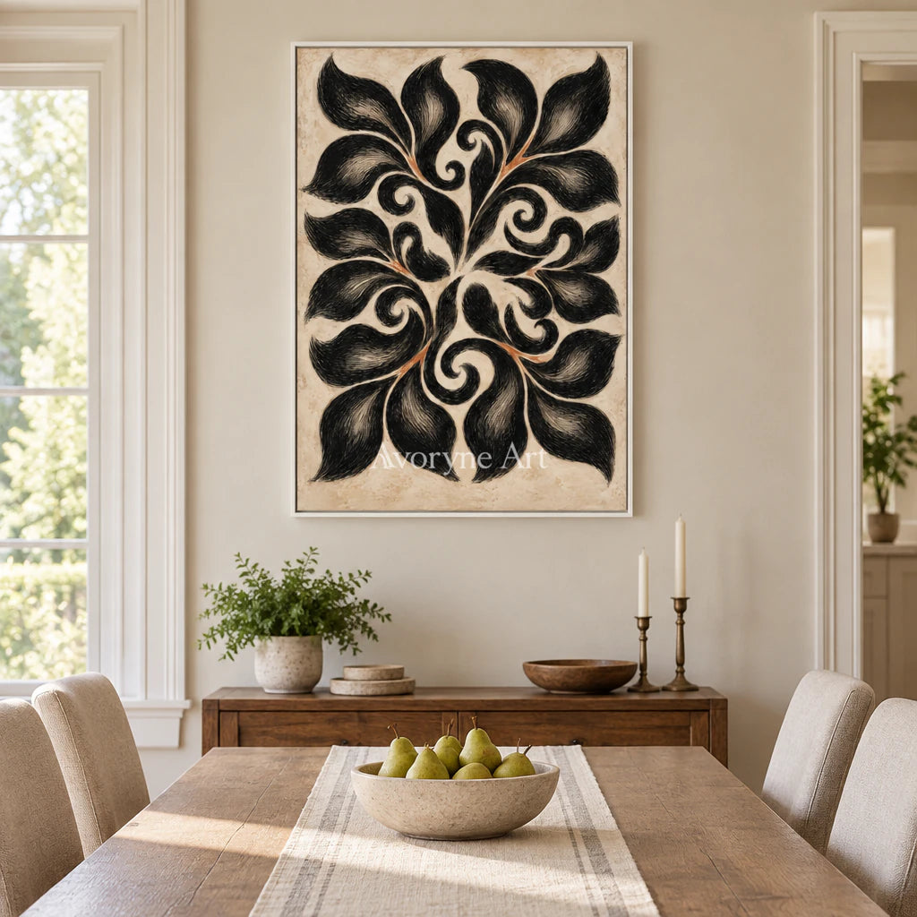 Midnight Botanica: Decorative Floral Pattern Wall Art — dining white