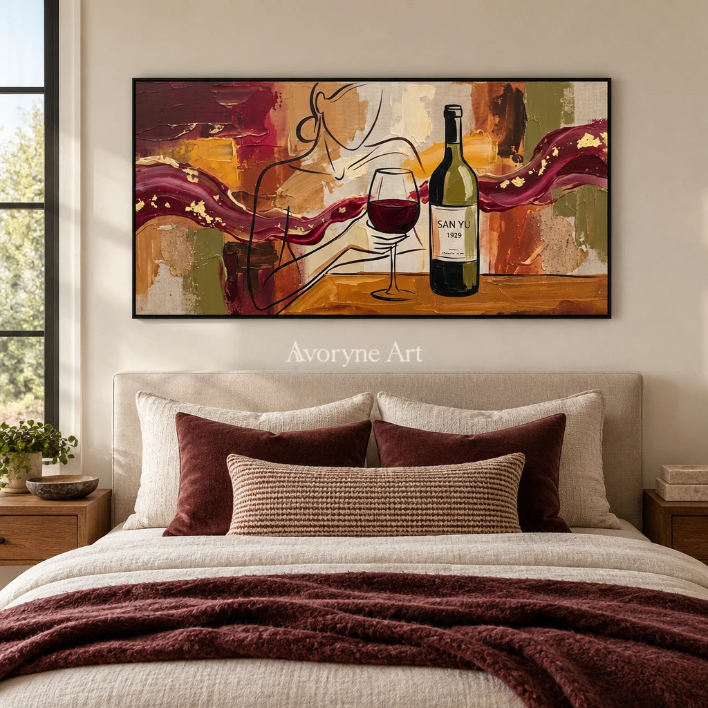 Verdant Cadence decorative glass wall art with a black frame above a bed in a bedroom