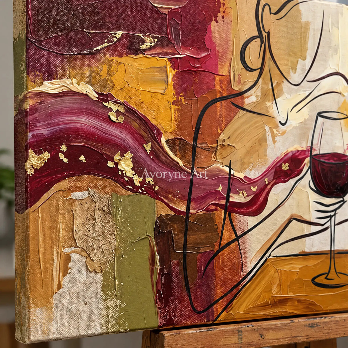 Close-up of the hand-painted texture of Verdant Cadence decorative glass wall art on an easel