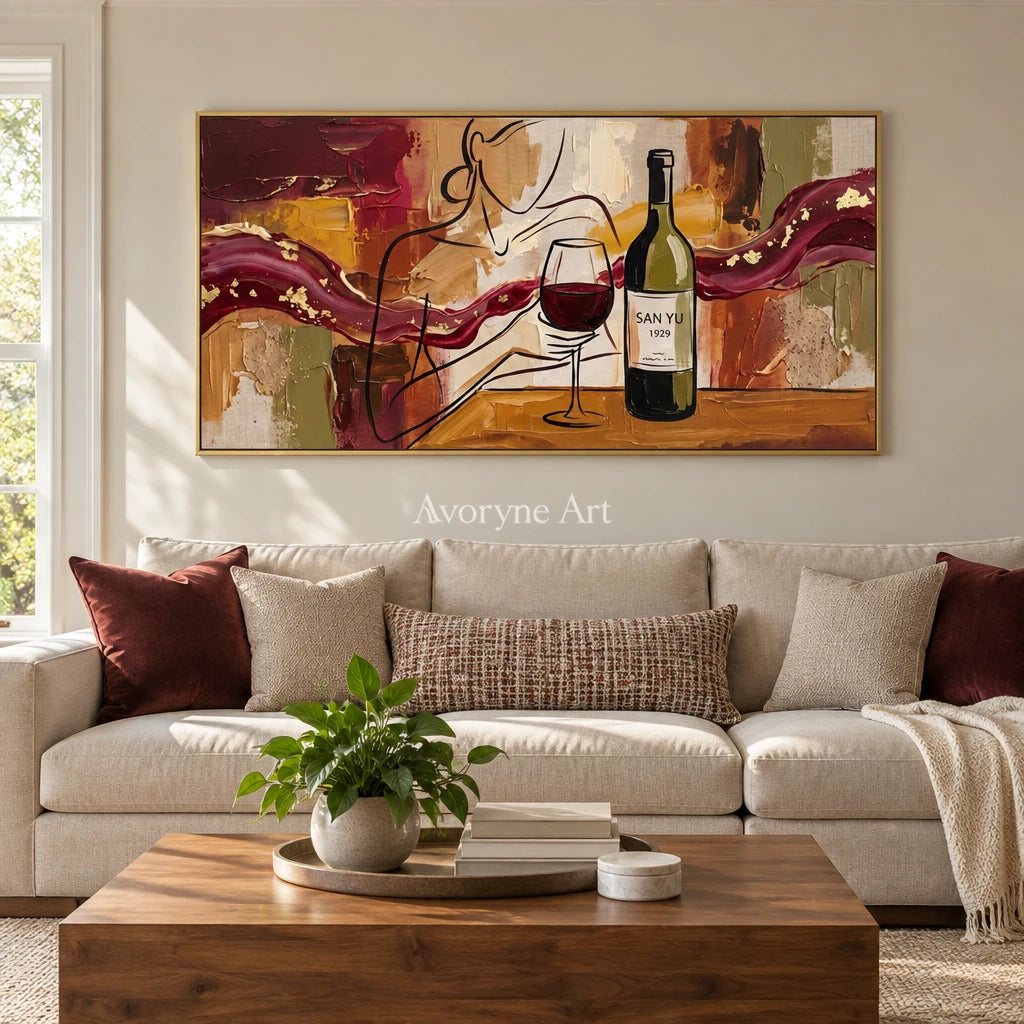 Verdant Cadence decorative glass wall art with a gold frame hanging in a living room