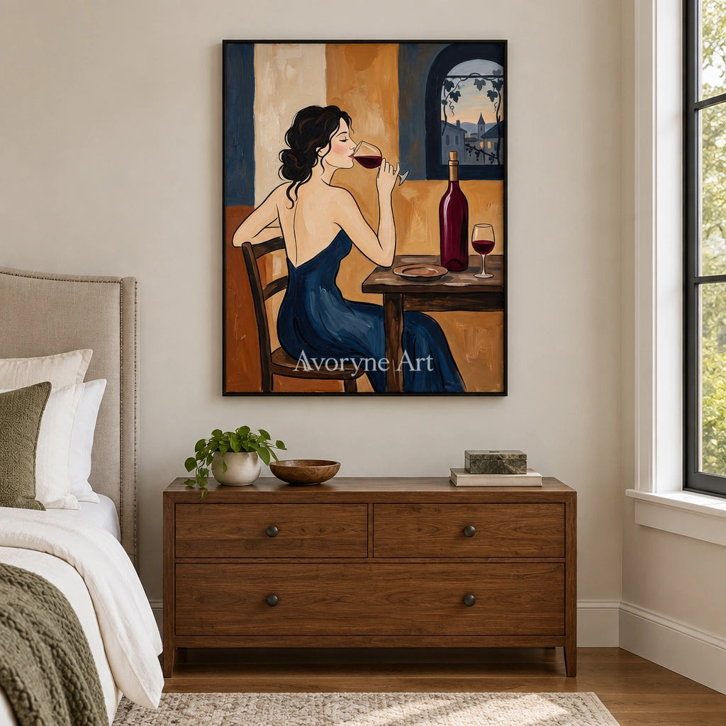 Verdant Passage decorative glass wall art with a black frame above a bed in a bedroom