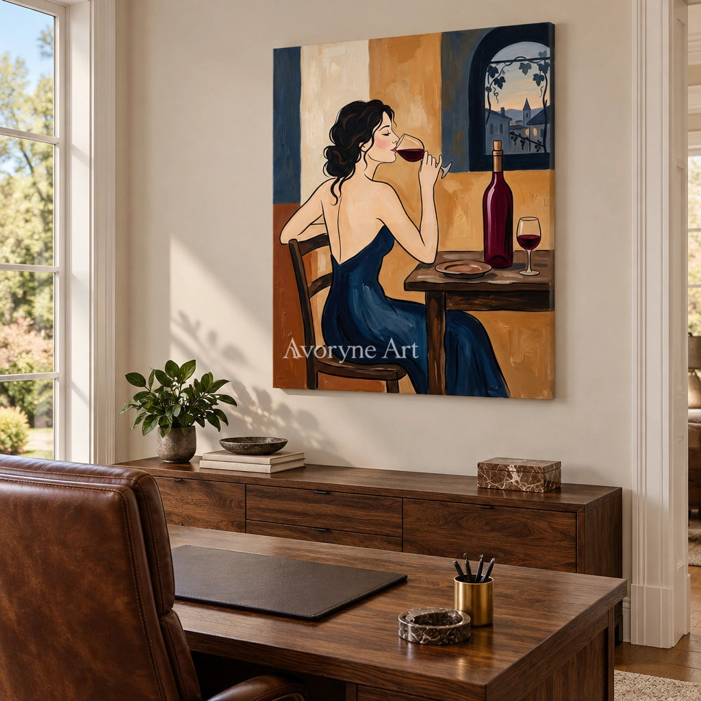 Verdant Passage decorative glass wall art as a frameless stretched canvas in a home office