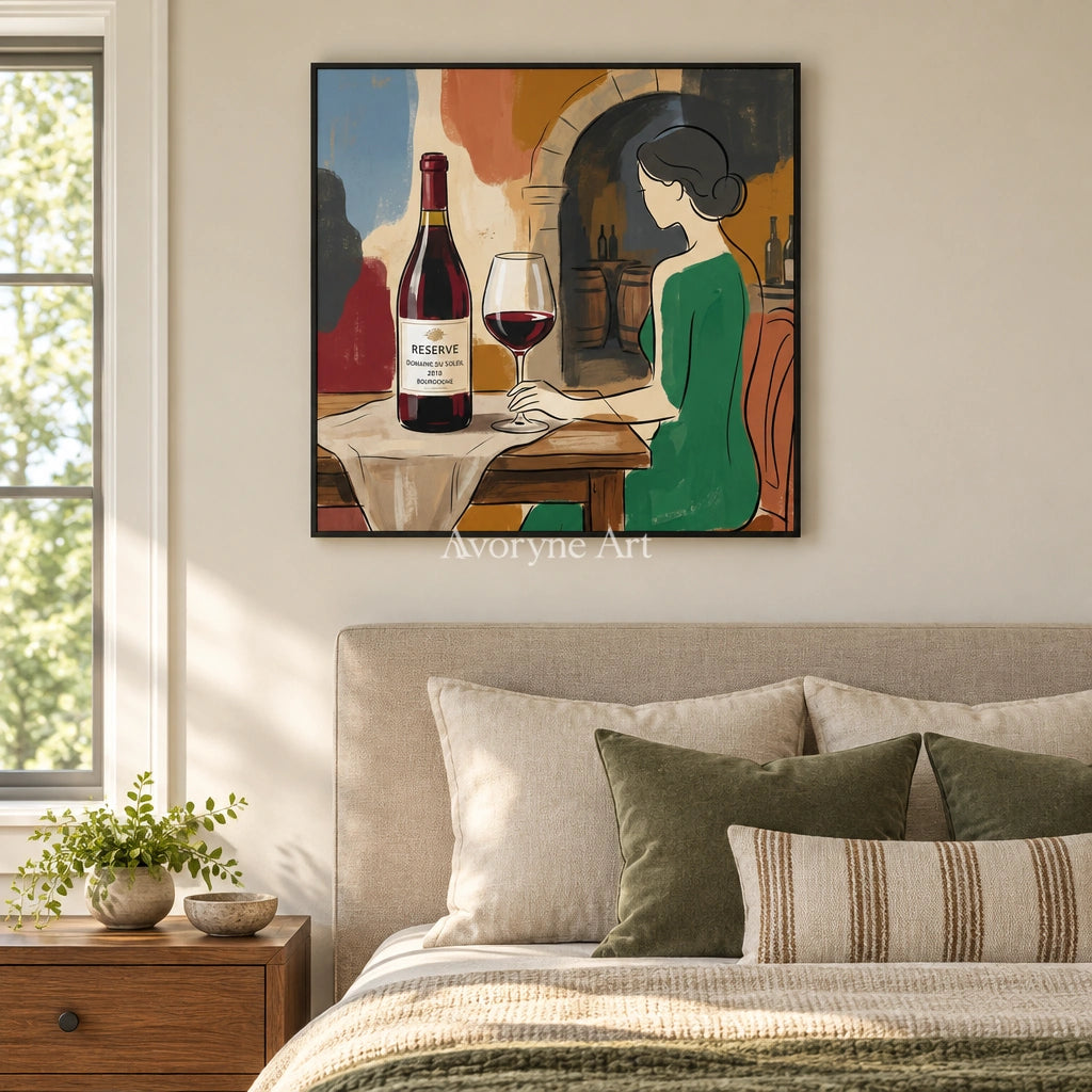 Verdant Reverie decorative glass wall art with a black frame above a bed in a bedroom