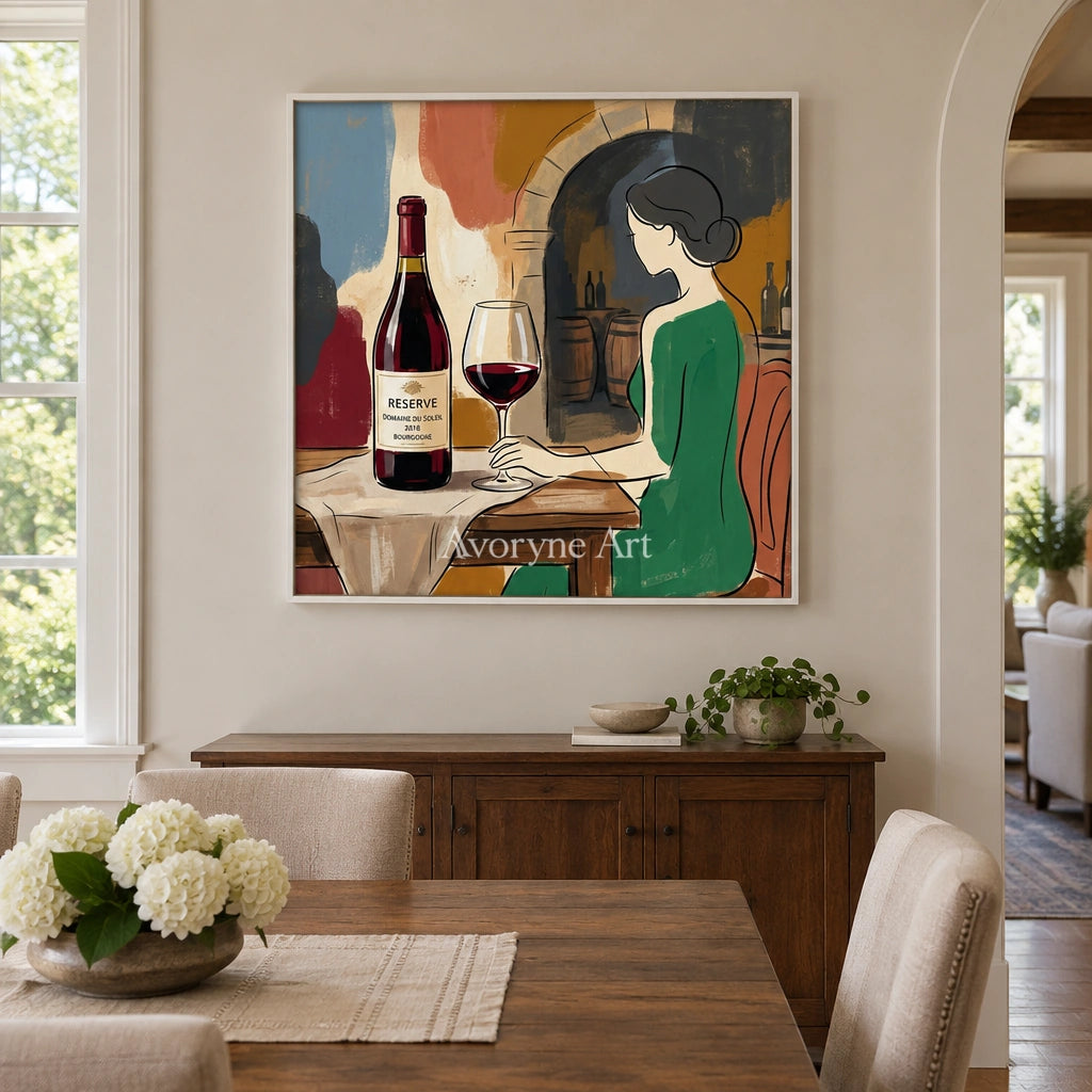 Verdant Reverie decorative glass wall art with a white frame in a dining room