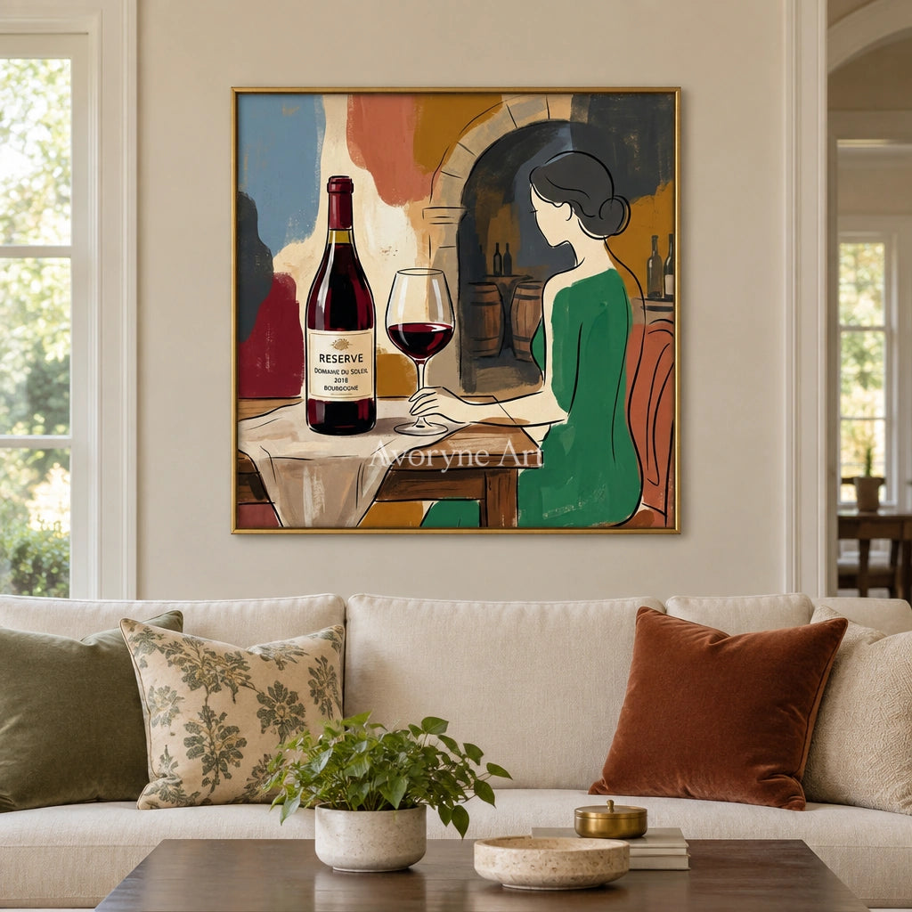 Verdant Reverie decorative glass wall art with a gold frame hanging in a living room