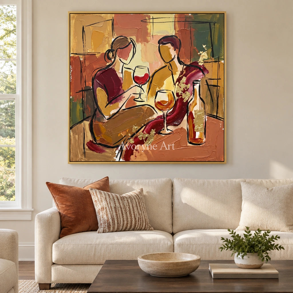 Verdant Rhythm decorative glass wall art with a gold frame hanging in a living room