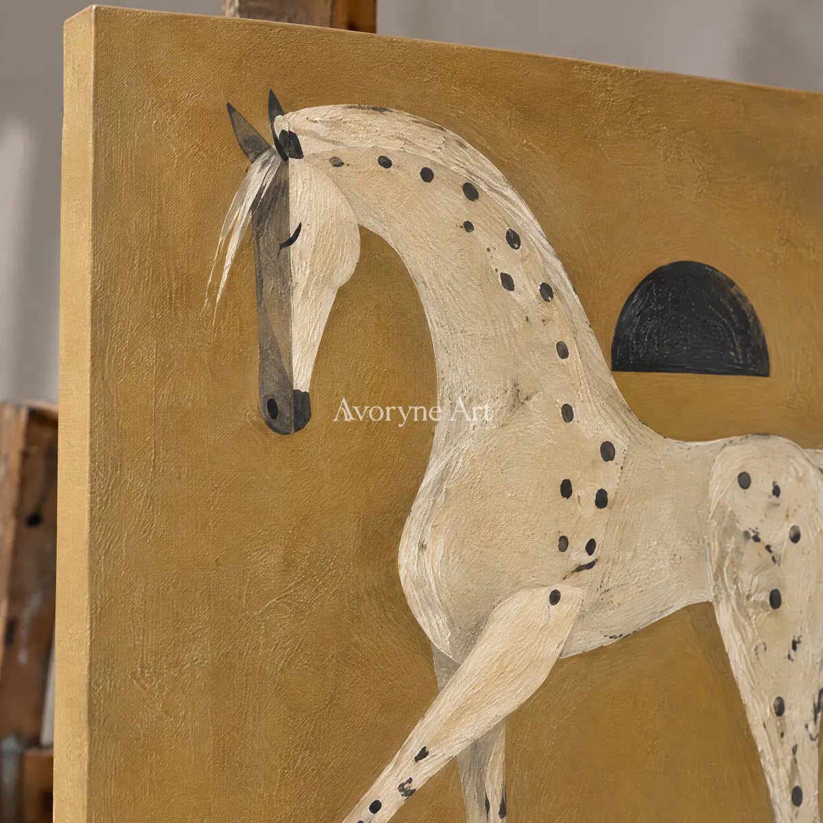 Ochre Companions: Decorative Horse Diptych Wall Art — detail easel