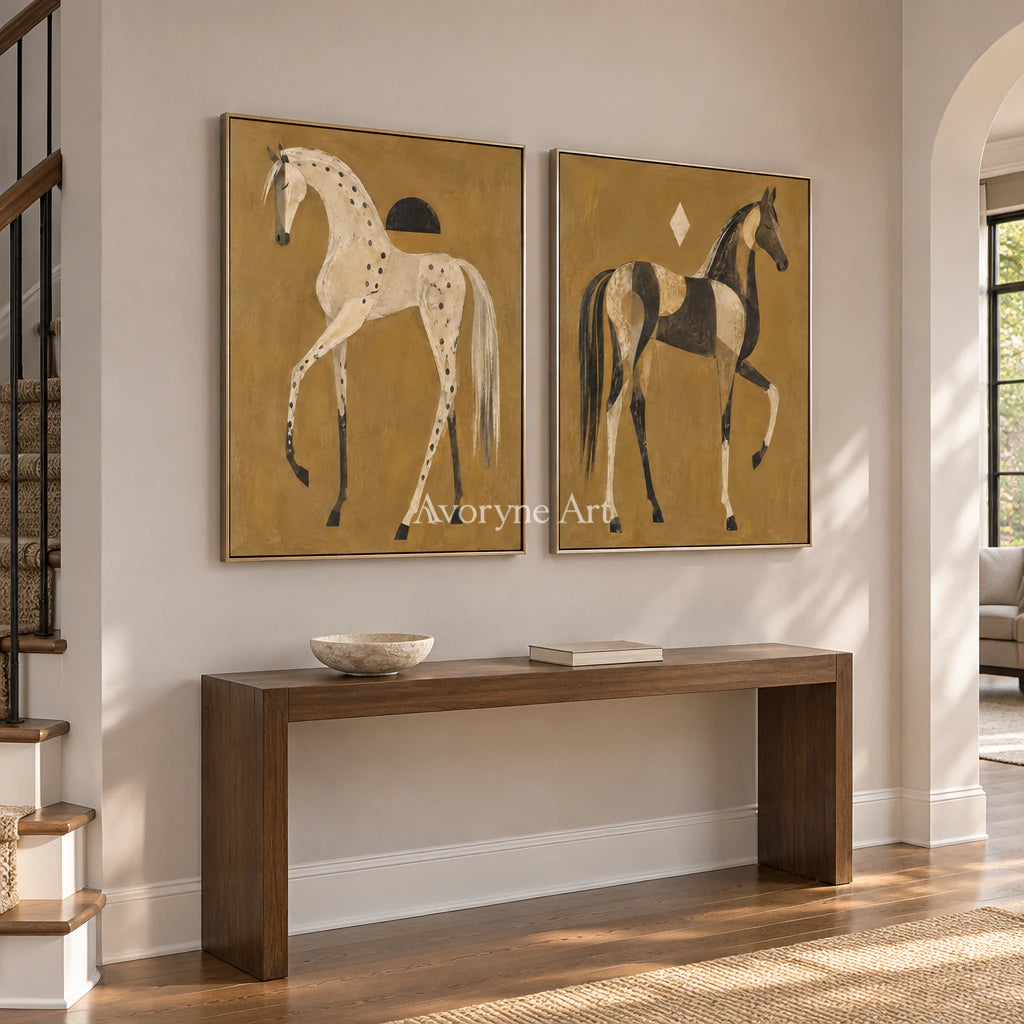 Ochre Companions: Decorative Horse Diptych Wall Art — entry silver