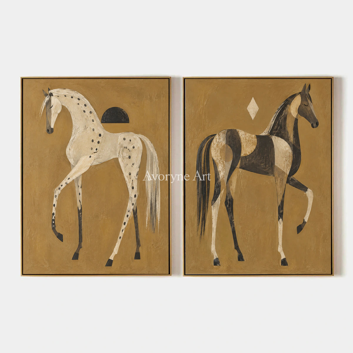 Ochre Companions: Decorative Horse Diptych Wall Art — primary