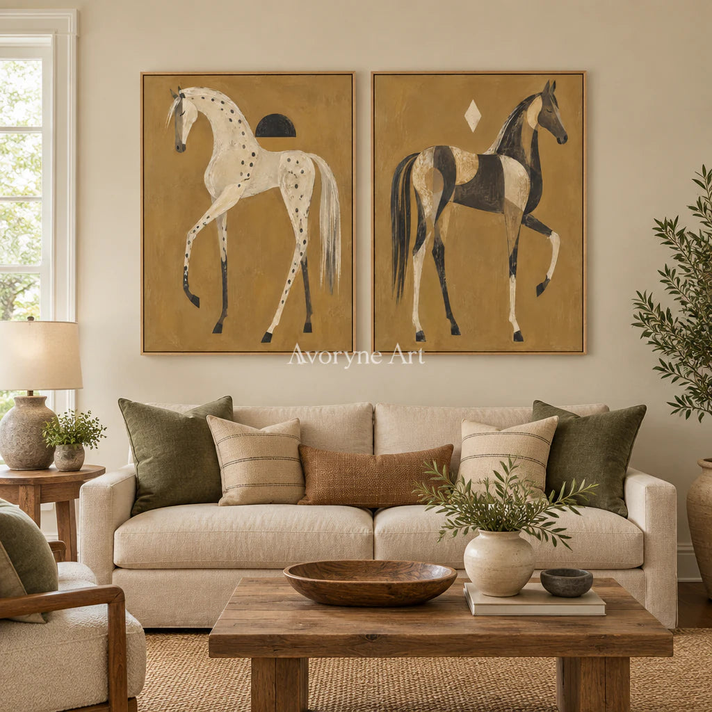 Ochre Companions: Decorative Horse Diptych Wall Art — villa wood