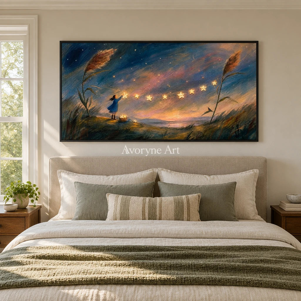 Blue Horizon dreamlike scene wall art with a black frame above a bed in a bedroom