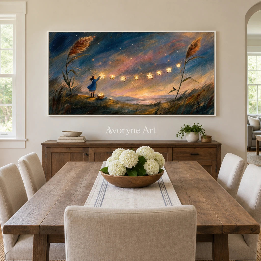 Blue Horizon dreamlike scene wall art with a white frame in a dining room