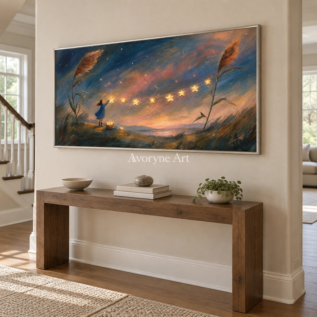 Blue Horizon dreamlike scene wall art with a silver frame in an entryway
