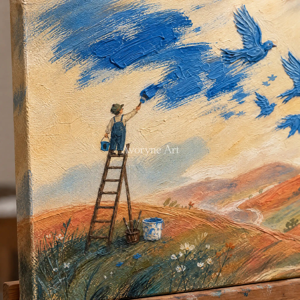 Close-up of the hand-painted texture of Blue Gesture dreamlike scene wall art on an easel