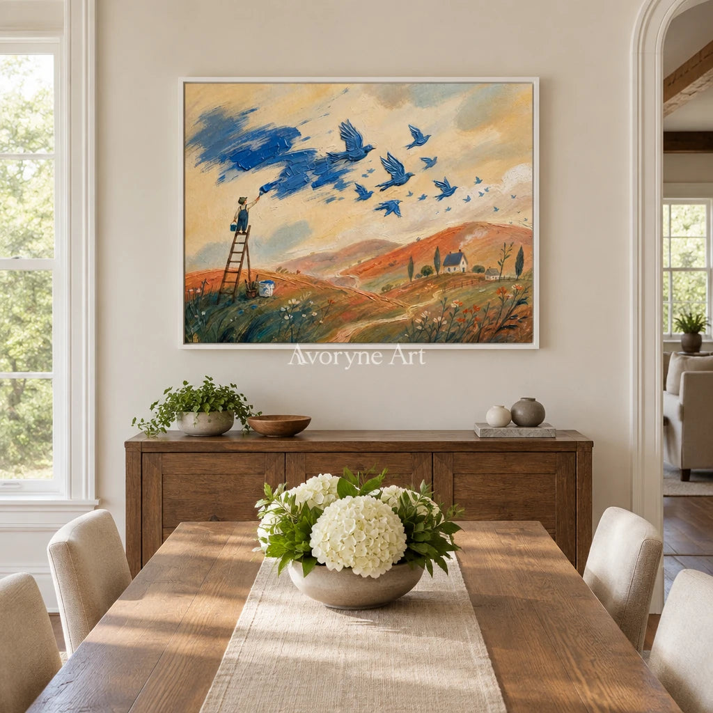 Blue Gesture dreamlike scene wall art with a white frame in a dining room